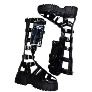 DOLLS KILL Club Exx‎ black holographic stage diver zip pouch gladiator sandals 9